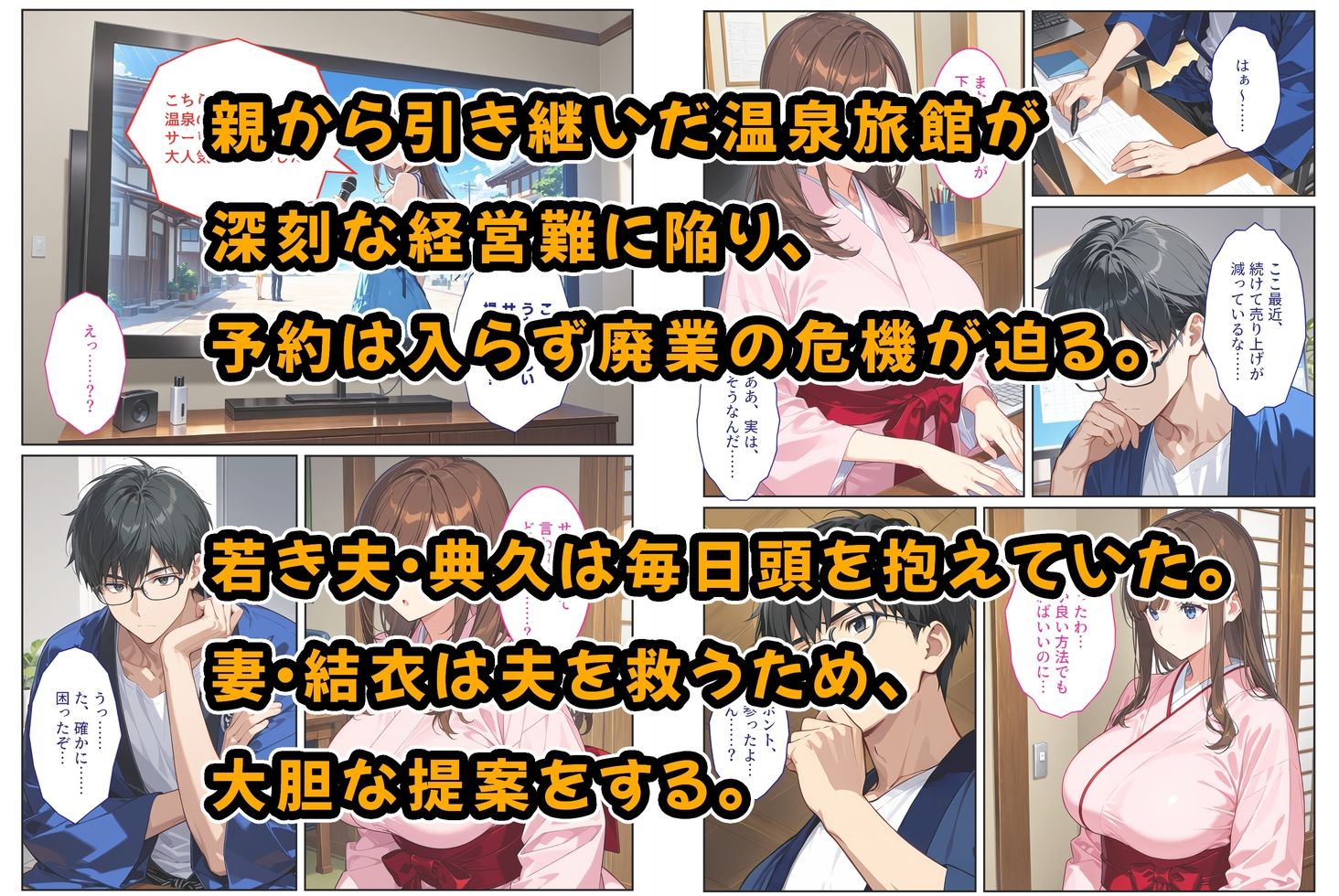 経営難の温泉旅館を守るため…爆乳人妻女将が客たちに種付けられて妊娠メス堕ち！ 画像1